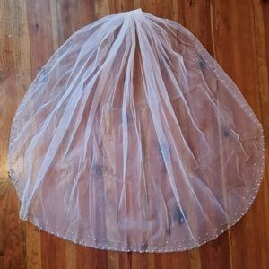 Bridal Veil Beyond Shoulder Length Clip In Edges of Seed Pearls Beads Tulle